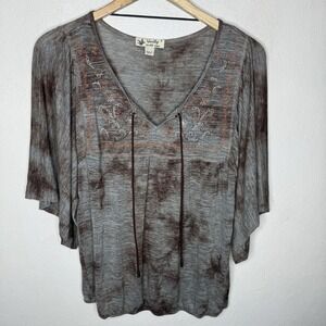 Unity World Wear Embroidered‎ V-neck Top Women's Small Tie Dye Brown Studded Tee